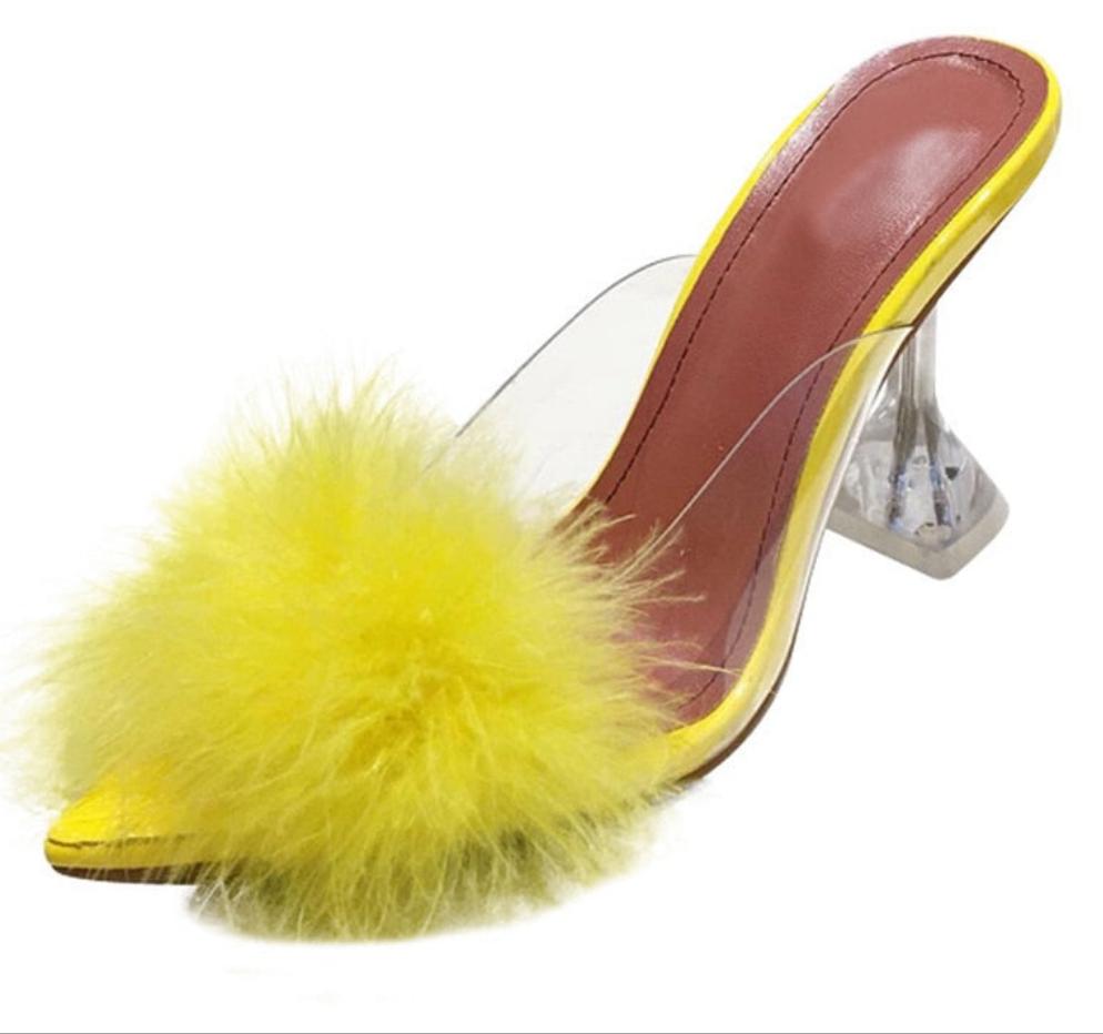 Ladies Feather PVC Transparent High heels Fur Peep Toe Mule Pumps