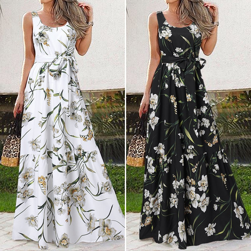 Bohemian Floral Print Ruffled Sleeveless Maxi Sundress to 5X Plus Size