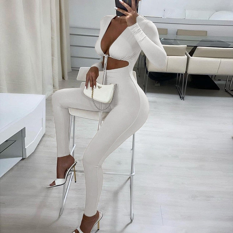 Bandage Solid Color Lace-Up Cropped Top Long Sleeve Bodycon Jumpsuit