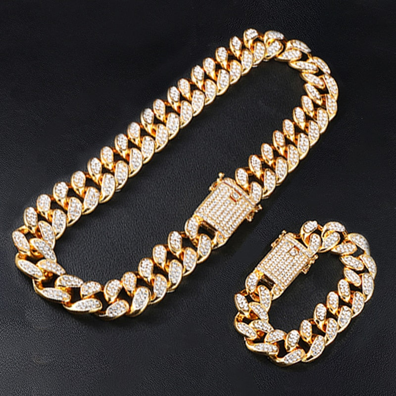 Cuban Chain Necklace + Bracelet + Watch Iced Out Paved Rhinestones CZ Chain Necklace 3-Piece Jewelry Set