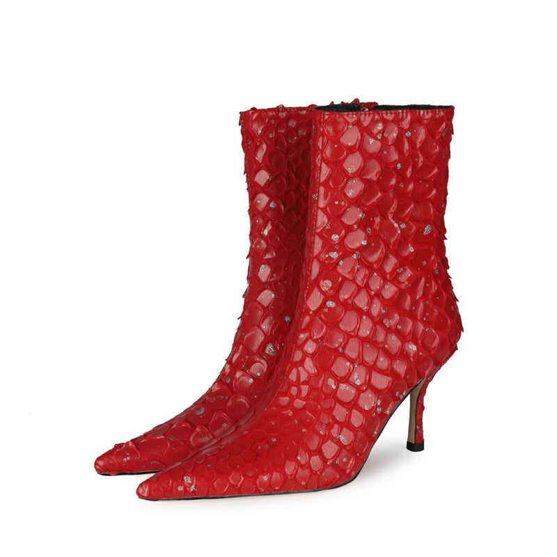 Fish Scale Pattern Thin Heel Pointed Toe Ankle Boots