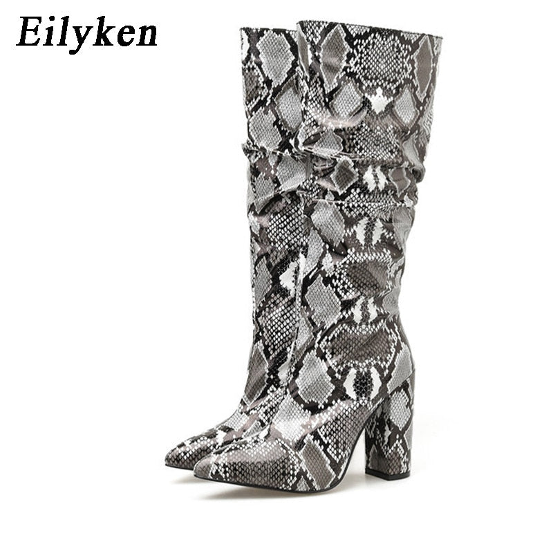 Pleated Colorful Snake Grain Knee High Pointed Toe Zipper Boots