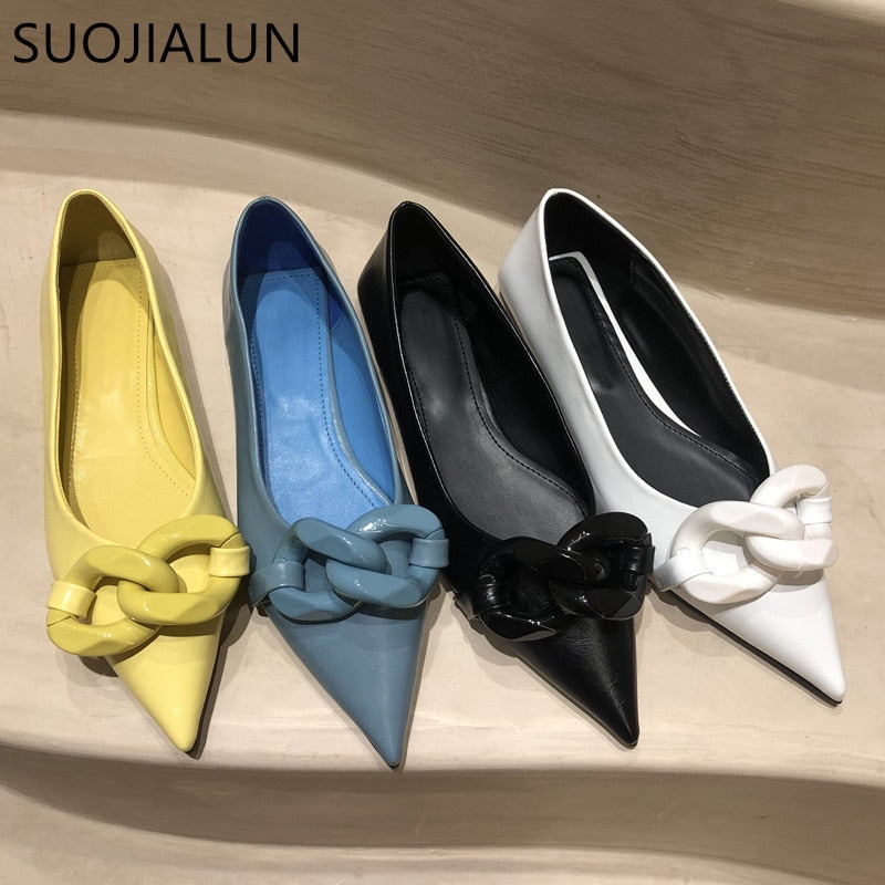 Chain Buckle Pointed Toe Ballet Flats