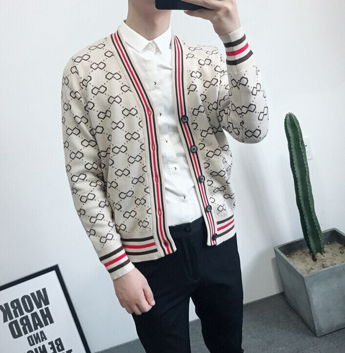 Men's Jacquard Monogram Print V-neck Knitted Cardigan Sweaters