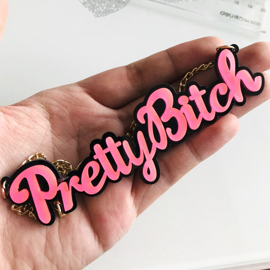 Hot Pink "Pretty Bitch" Acrylic Pendant Chain Necklace