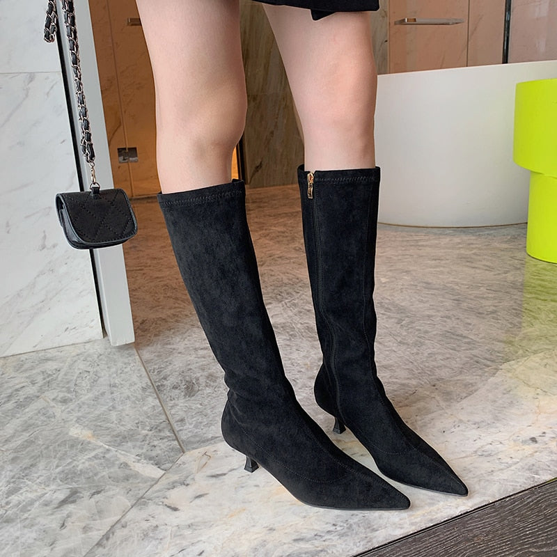 Knee High Stretch Zipper Pointed Toe Boots