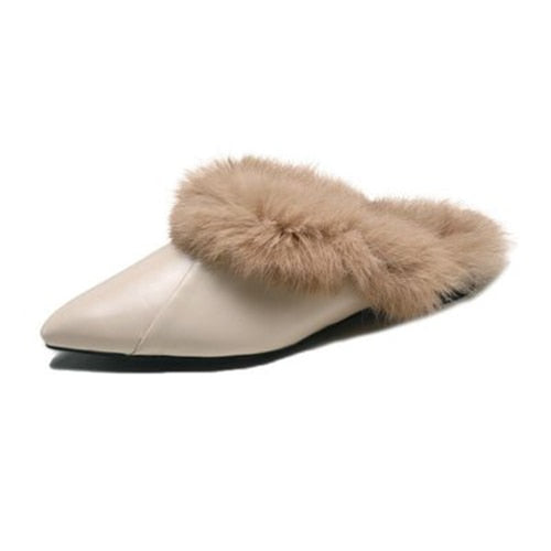 Furry Women's Pointed Toe Flat Slip-On Mules