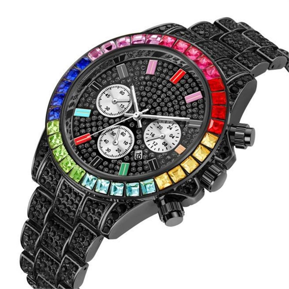 Rainbow Diamond  Iced Out Square Quartz Waterproof Men's Watch