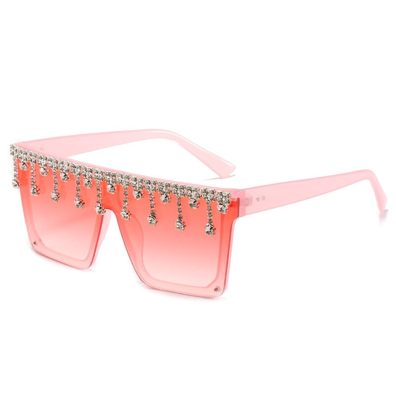 Dripping Iced Out Crystal Rhinestone Tassel Drop Oversized UV400 Ladies Sunglasses