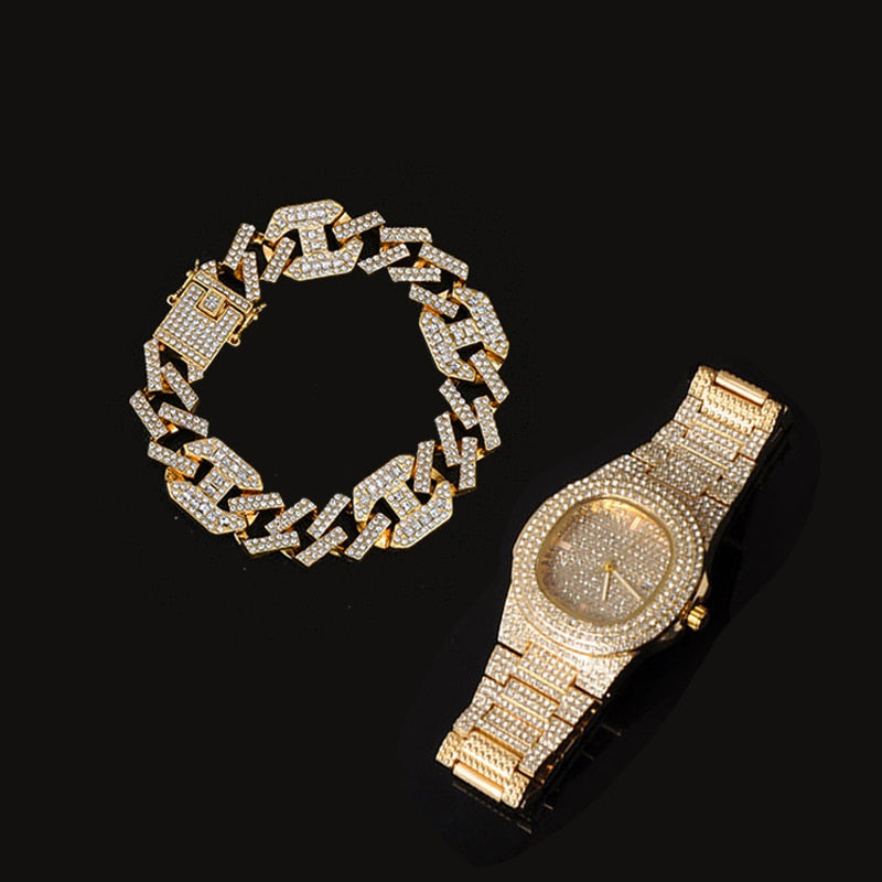 3-Piece Jewelry Hip Hop Gold Iced Out Paved Rhinestones CZ Bling  Sets: Cuban Chain, Watch & Bracelet