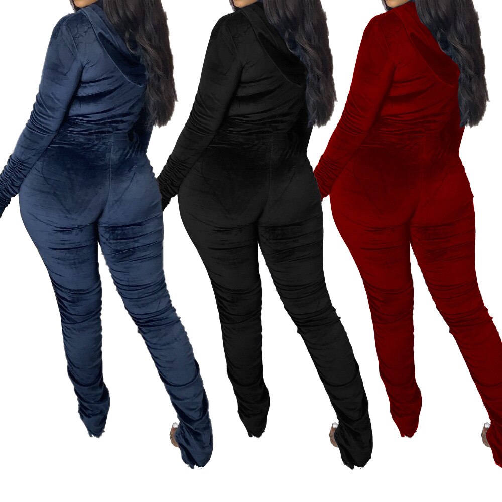 Velvet Hooded Solid Ruched Zipper Long Sleeve Jumpsuit