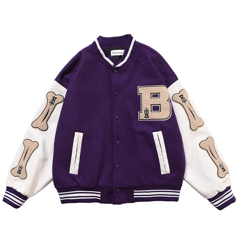 Men's Bone Colorblock Patchwork Baseball Bomber Letterman's Jacket