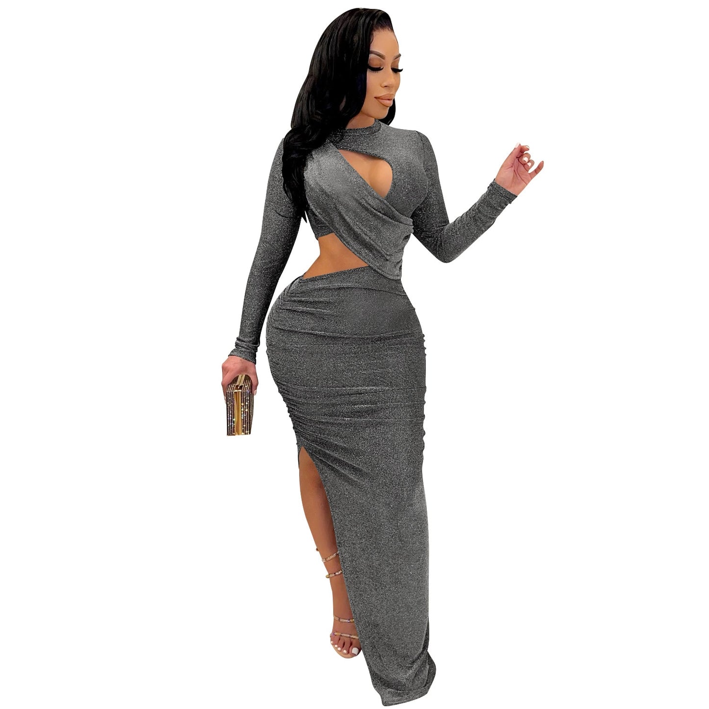 Solid Ruched Long  Sleeve Cut Out O-Neck Long Sleeve High Slit Evening Party Dress