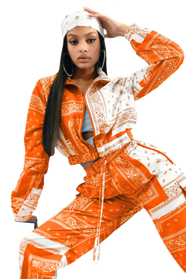 Paisley Bandana Print Zipper Jacket + Elastic Waist Sweatpants Women's Tracksuit