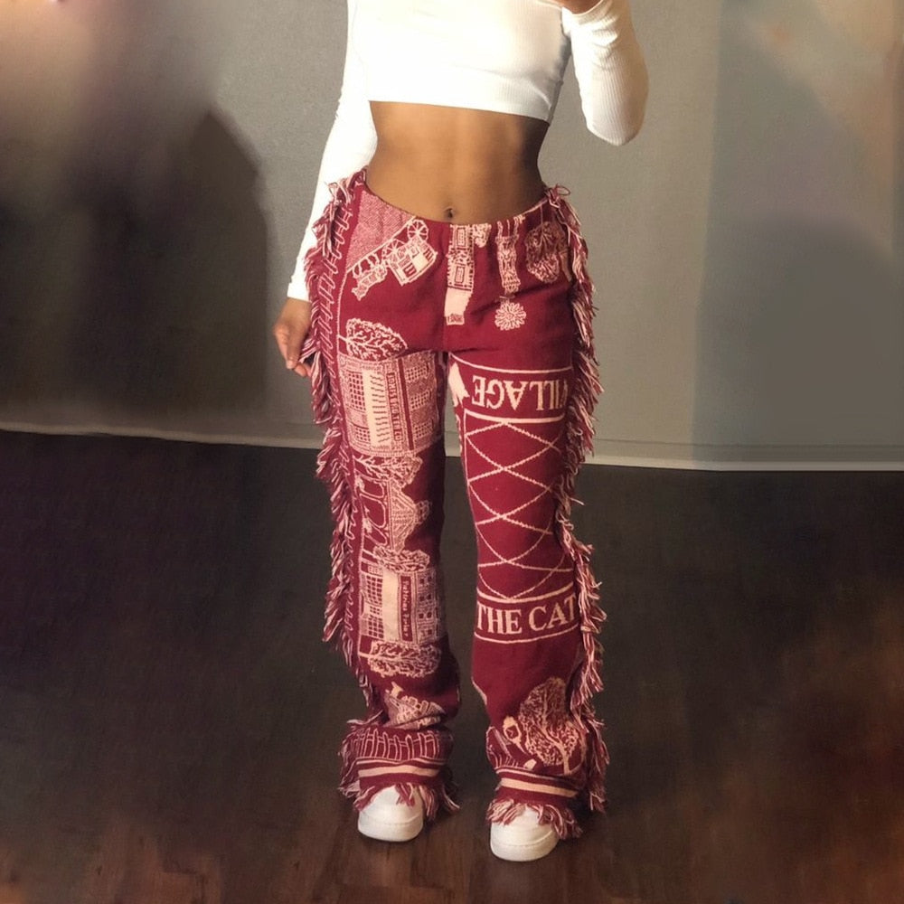 Tassel Design Floral Geometric Multi-Colored Printed Patchwork Print Elastic Waist Ladies Sweatpants