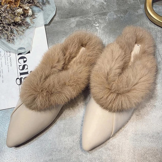 Furry Women's Pointed Toe Flat Slip-On Mules