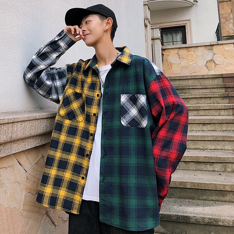 Men's Oversized Cotton Plaid Patchwork Button Up Long Sleeve Shirt