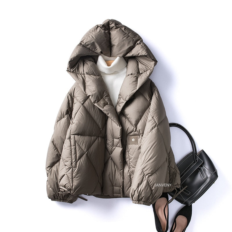 90% Duck Down Short Jacket Women Thick Warm Loose Cocoon Type Hooded Diamond Puffer Jacket