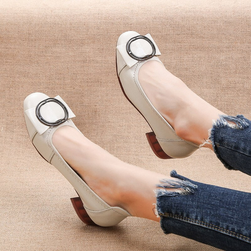 Genuine Leather Square Toe Shallow Round Buckle Flats