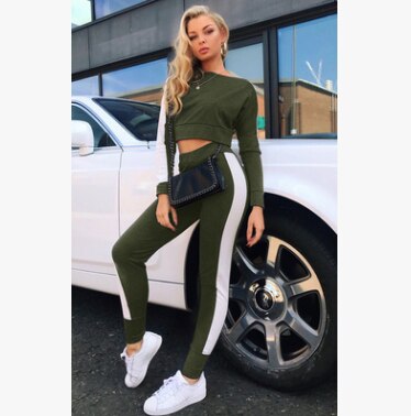 Patchwork Women's Set w/ Long Sleeve O-Neck Crop Top + Side Striped Sweatpants Tracksuit