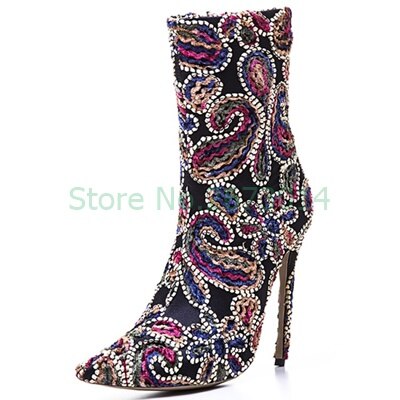 Paisley Crystal Studded Flower Stiletetto Heel Side Zipper Ankle Boots