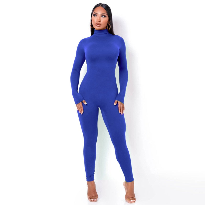 Fitness Ladies Solid Turtleneck Skinny Bodycon Jumpsuit