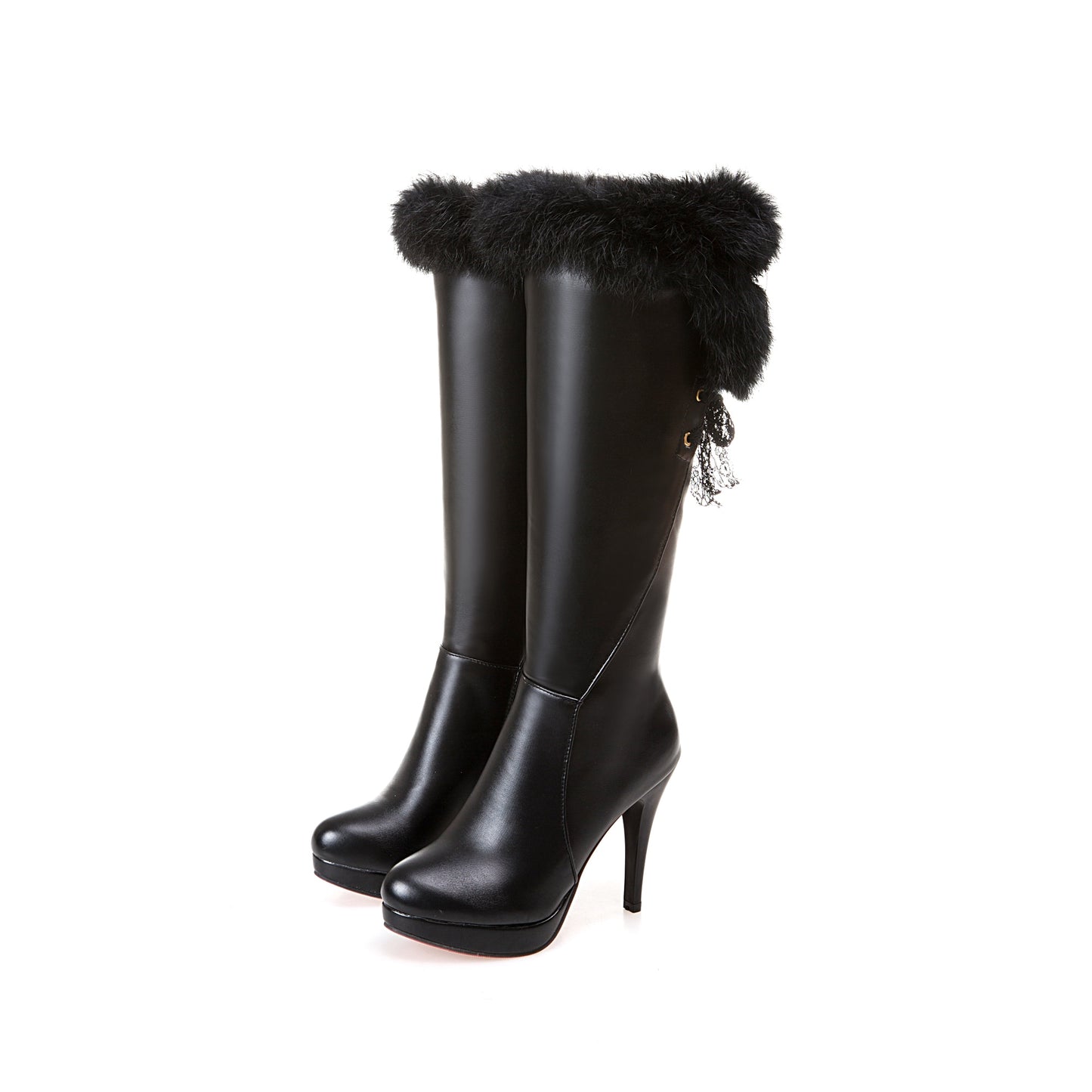 Fur PU Leather Women's High Heel Round Toe Slip On Knee-High Boots