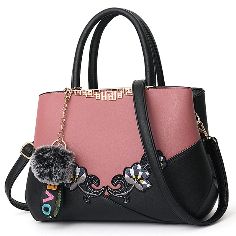 Colorblock Embroidered Messenger Leather Handbag