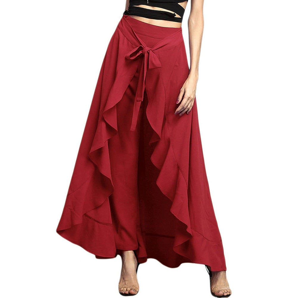 Palazzo Ruffle Drawstring High Waist Irregular Loose Pants w/ Attached Maxi Wrap Skirt to 3X