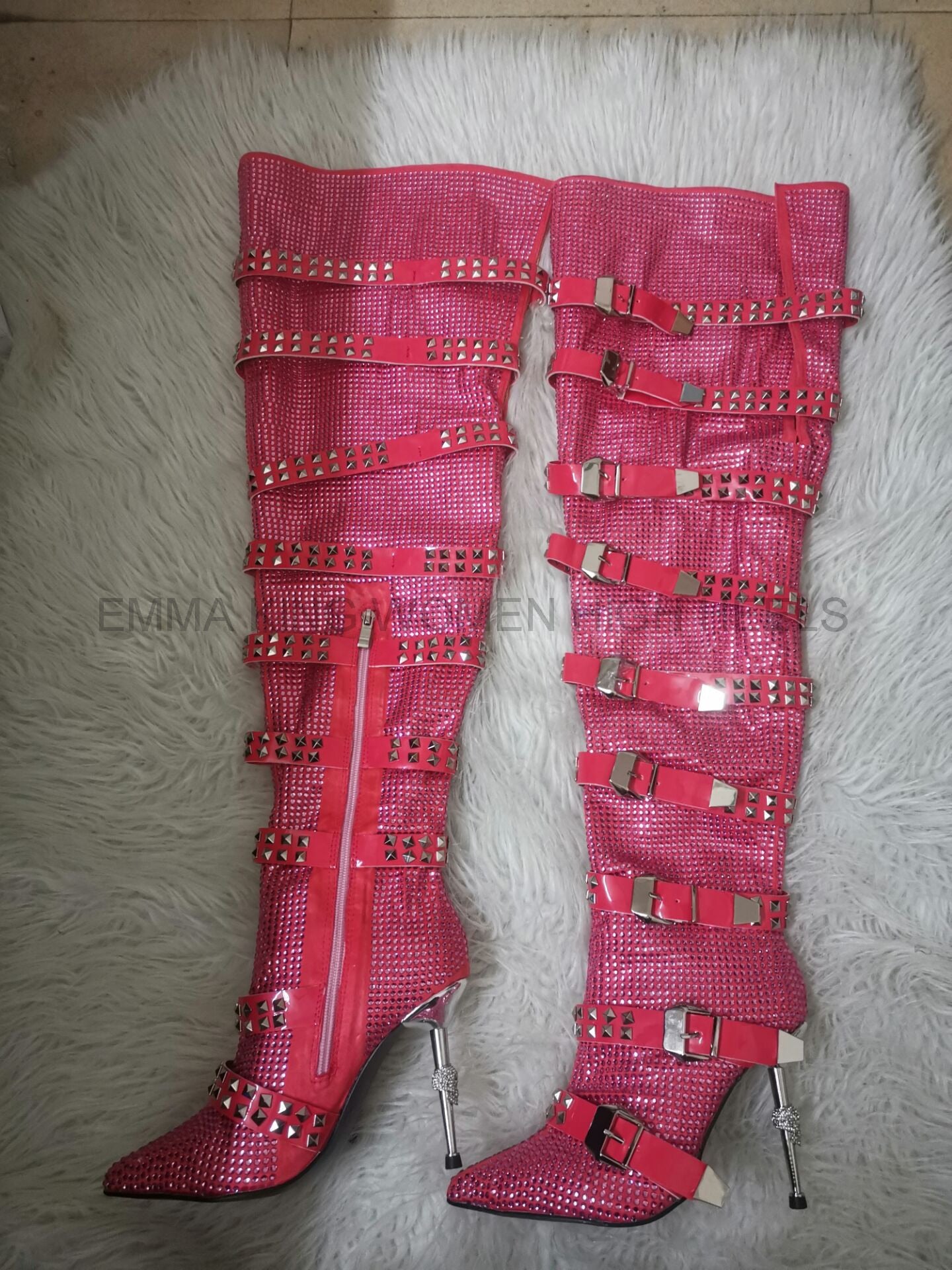 Crystal Over-the-Knee Thigh High Buckle Strap Rivet Gladiator Boots