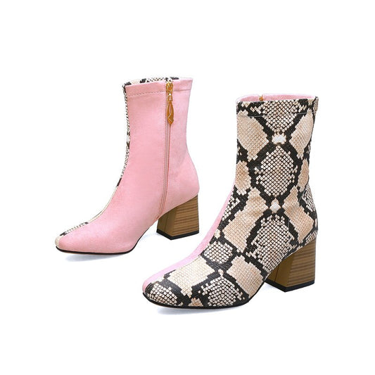 Snake Print Colorblock Patchwork Women's Zipper Ankle Boots