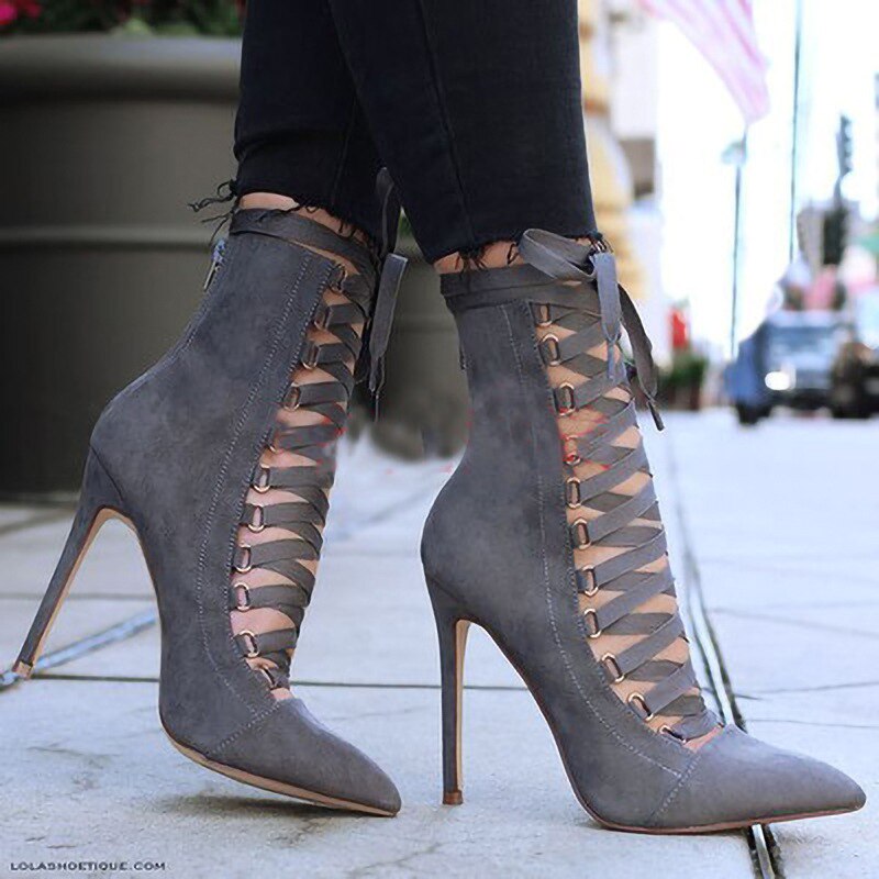 Cross-Tied Stiletto Heel Back Zipper Pointed Toe Ankle Boots