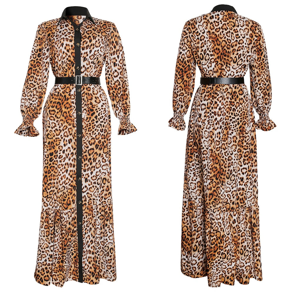 African Leopard Button Front Turn-Down Collar Long Sleeve Maxi Dress