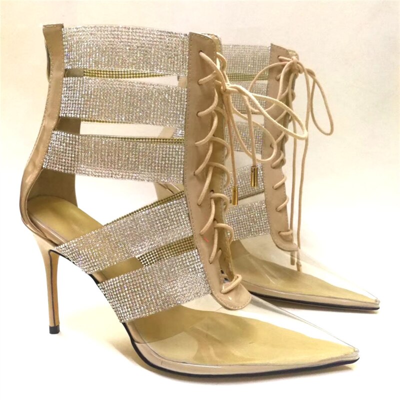 Jeweled Rhinestone Gladiator High Heels Pointed Toe Cross-Tied Cut Out Ankle Boots