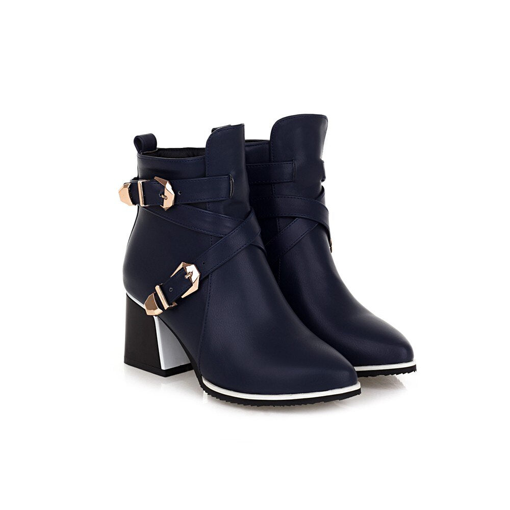 Pointed Toe Square Heel Women's Buckle Zipper High Heel Ankle Boots