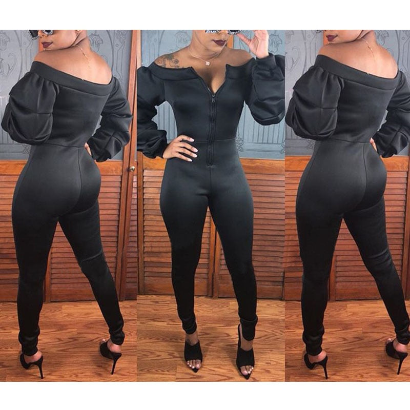 Solid Color Off-the-Shoulder Ruched Puffed Long Sleeve Zipper Front Slash Neck Jumpsuit