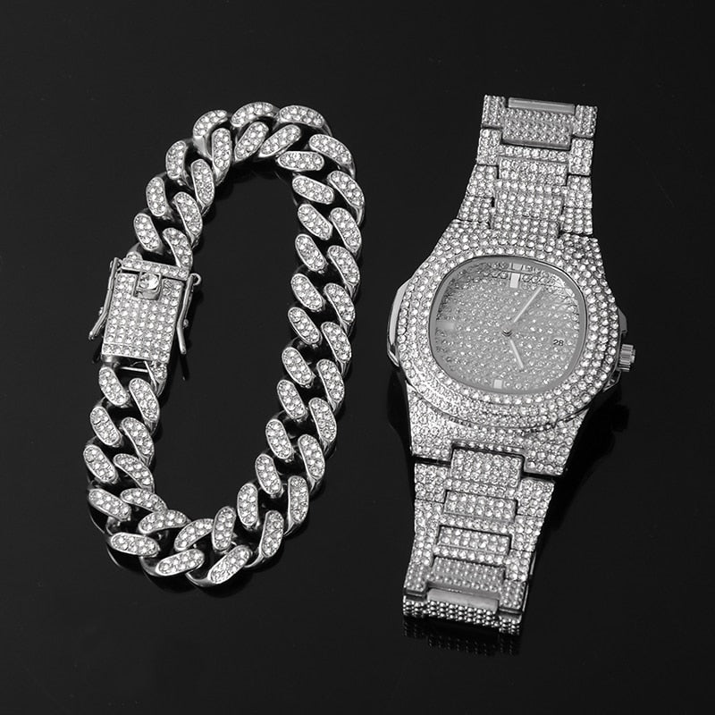 3-Piece Jewelry Hip Hop Gold Iced Out Paved Rhinestones CZ Bling  Sets: Cuban Chain, Watch & Bracelet