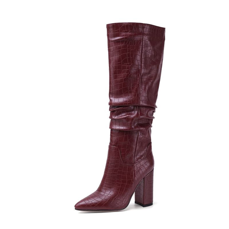 Ruched Pleated Solid Thick High Heel Knee High Ladies Boots