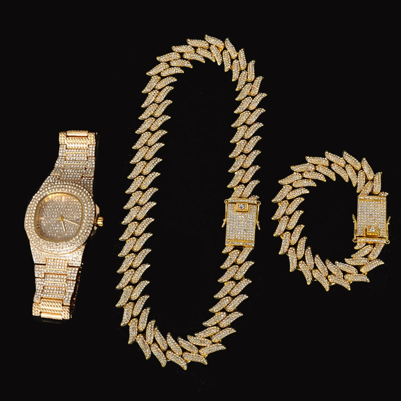 3-Piece Jewelry Hip Hop Gold Iced Out Paved Rhinestones CZ Bling  Sets: Cuban Chain, Watch & Bracelet