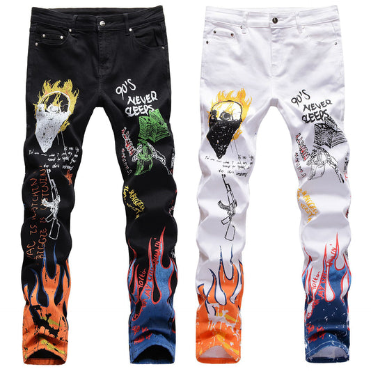 Men's Slim Flame Skull Print Zipper Fly Skinny Ruched Jeans