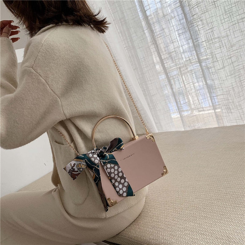 Metal Handle Box Design Women Party Clutch Bag Fashion Shoulder Chain Scarf Crossbody Pursd