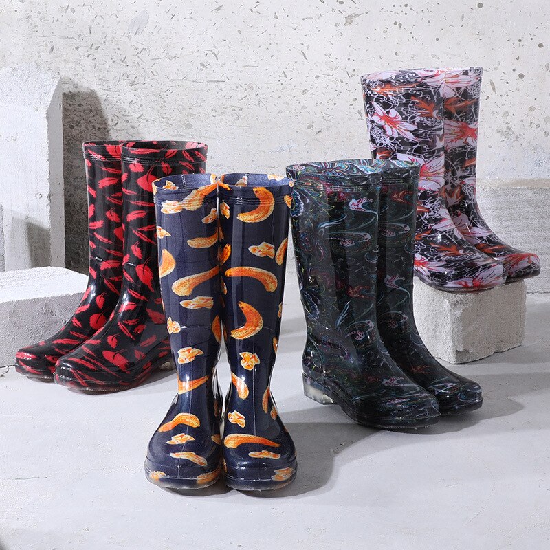 PVC Flower Round Toe Knee High Rain Boots