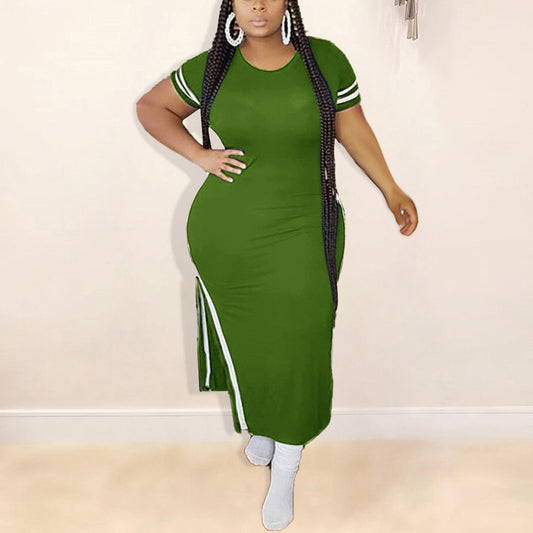 Short Sleeve Solid Side Striped Plus Size High Slit T-Shirt Dress to 5X