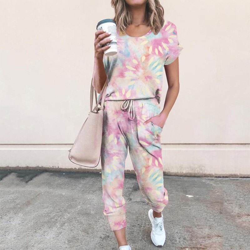 Women's Tie-Dye Print 2-Piece Short-Sleeved Round Neck Top + Drawstring Leggings Set