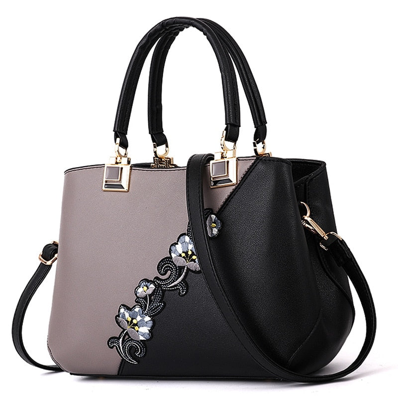 Colorblock Embroidered Messenger Leather Handbag