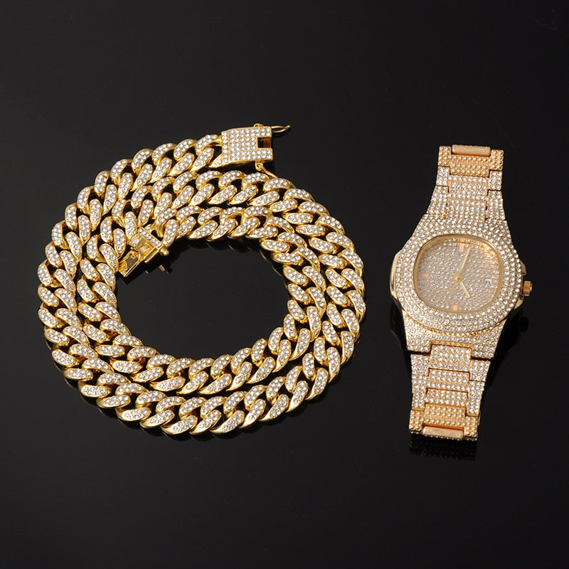 3-Piece Jewelry Hip Hop Gold Iced Out Paved Rhinestones CZ Bling  Sets: Cuban Chain, Watch & Bracelet