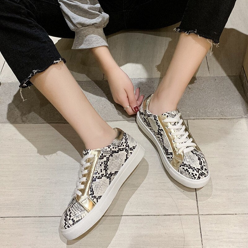 Snake Print Leather Women's Designer Star Design Vulcanized Sneakers