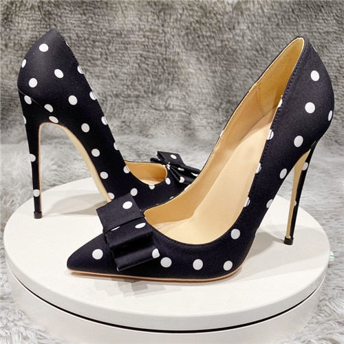 Bowknot Polka Dot Stiletto Pointed Toe Pumps