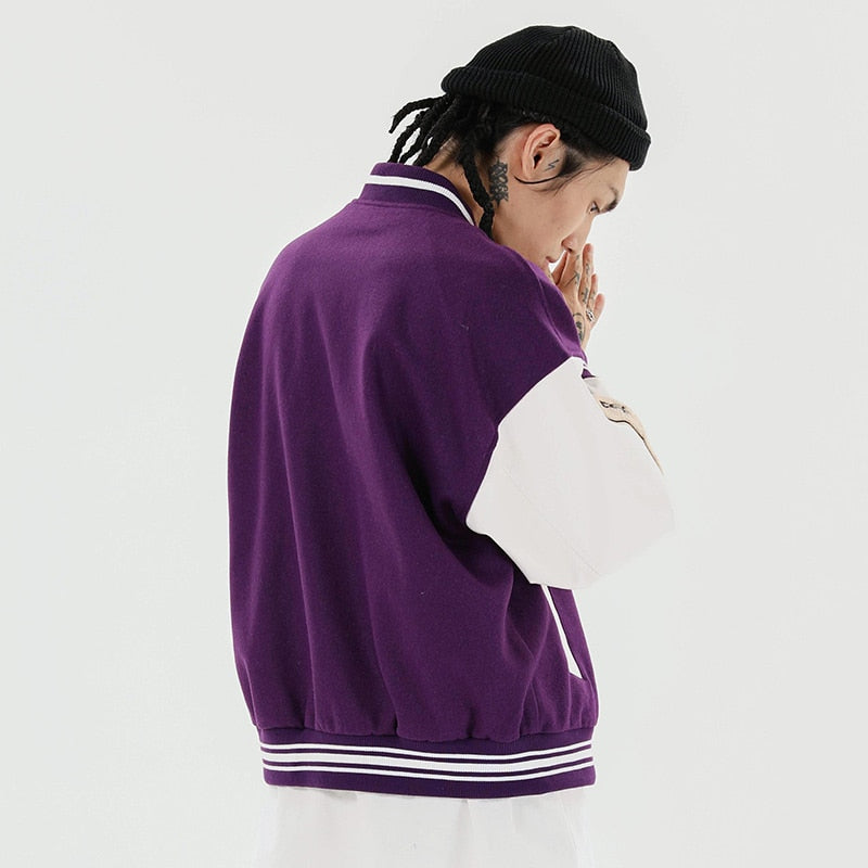 Men's Bone Colorblock Patchwork Baseball Bomber Letterman's Jacket