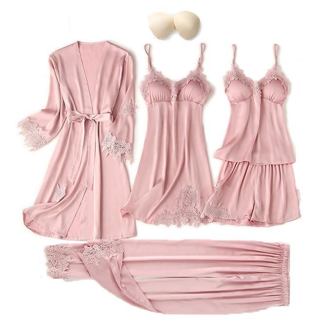 Satin Women's Sleepwear Set/Pajamas: Kimono Gown, Lace Intimate Lingerie Hollow Out Camisole, and Matching Lingerie Top w/ Shorts & Silky Pajama Pants